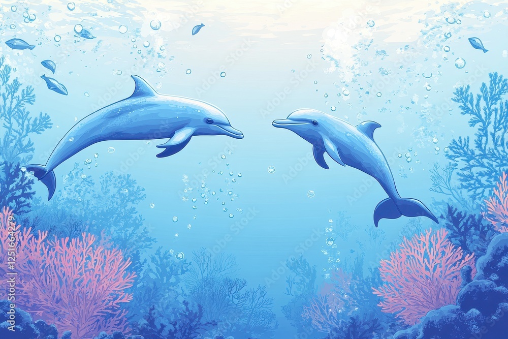 Fototapeta premium Two beautiful dolphins swim underwater near coral and bubbles