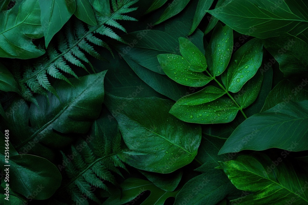 Obraz premium Lush tropical leaves flatlay, dark green foliage, nature background, design element
