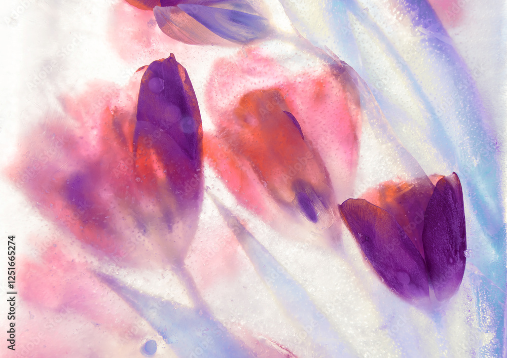 Naklejka premium Kwiatowe tło, tulipany w lodzie, mrożone kwiaty, tapeta. 