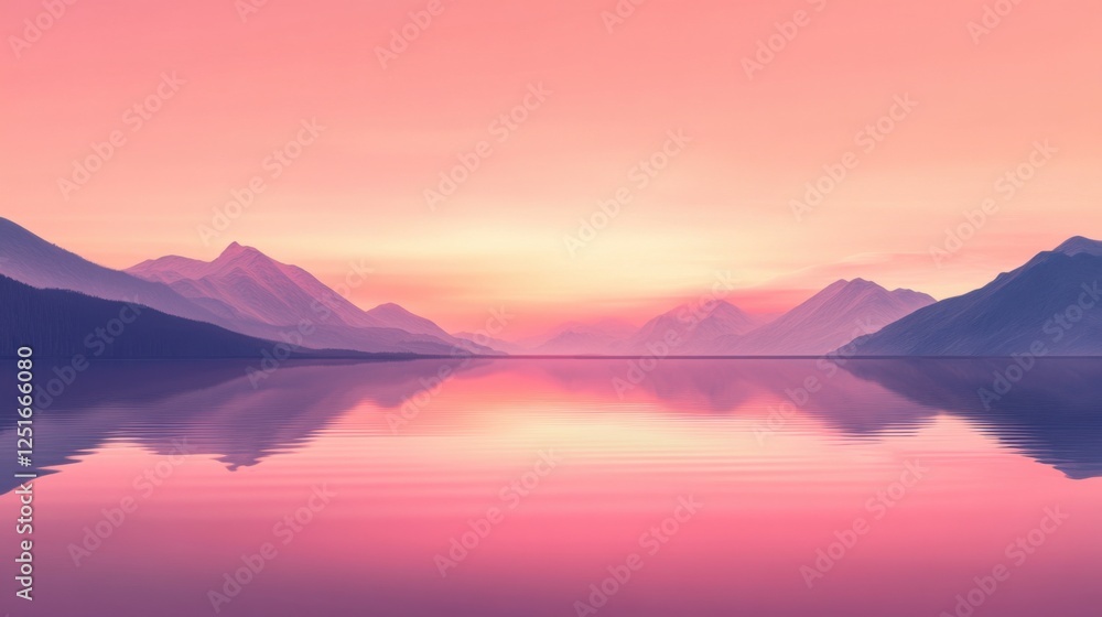 A tranquil sunset over a mountain lake, where the sky is painted in shades of pink and orange, blending seamlessly with the perfect reflection on the water A tranquil sunset over a mountain lake, where the sky is painted in shades of pink and orange, blending seamlessly with the perfect reflection on the water