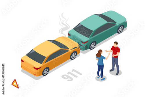 Isometric Car crash with two vehicles. Two cars crashed at an intersection with bystanders and damaged vehicles. The incident occurred in a vibrant urban environment