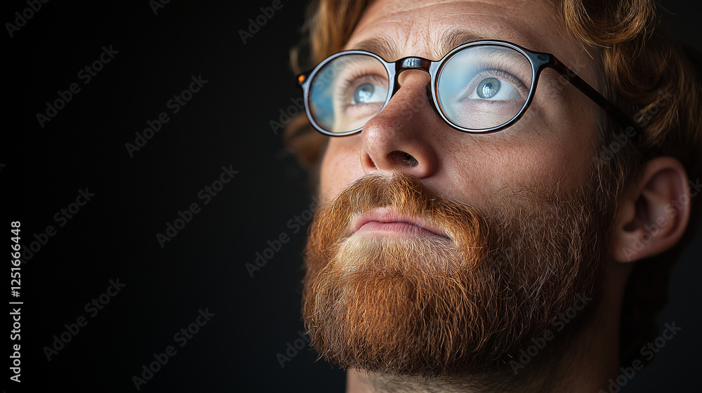 Thoughtful bearded man with glasses looking up, perfect for concepts of vision, inspiration, and intellectual curiosity in business and personal growth themes Thoughtful bearded man with glasses looking up, perfect for concepts of vision, inspiration, and intellectual curiosity in business and personal growth themes