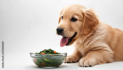 Puppy Labrador eating foods in Large Bowl,  Isolated on white background8 photo