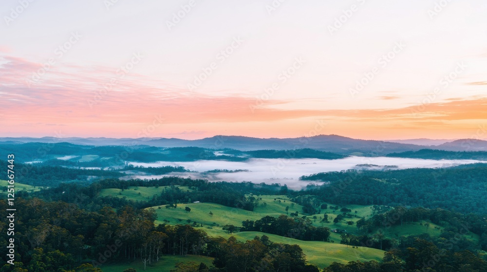 Fototapeta premium Breathtaking sunrise over lush green valleys scenic landscape serene environment aerial view nature's beauty