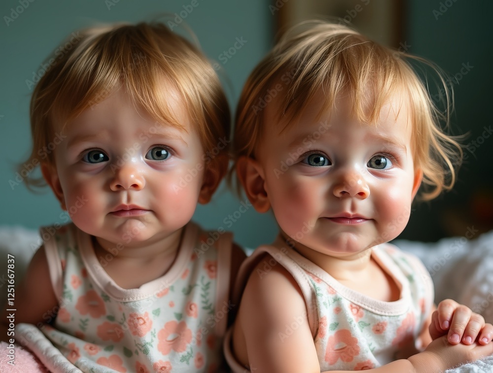 Adorable identical twins smiling together Adorable identical twins smiling together