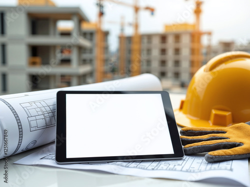 Tablet with a blank screen for mockup ui, with rolledup blueprints and a hardhat in a construction site photo