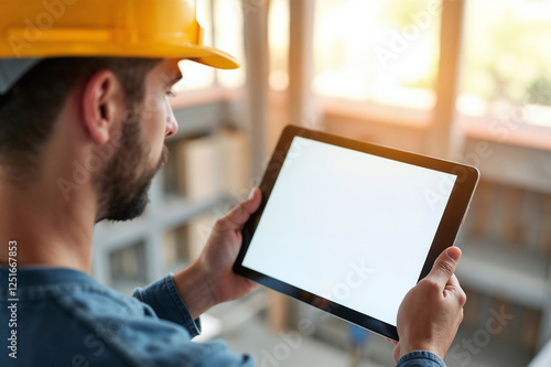Construction worker engineer holding a tablet with a blank empty screen for mockup ui