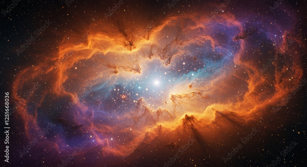 Obraz premium A breathtaking cosmic nebula in deep space featuring swirling clouds of orange, purple and blue