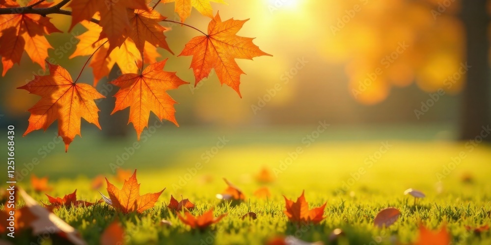 Autumnal Sunlight Illuminates Vibrant Maple Leaves on a Lush Green Meadow, Creating a Serene and Picturesque Fall Scene Autumnal Sunlight Illuminates Vibrant Maple Leaves on a Lush Green Meadow, Creating a Serene and Picturesque Fall Scene