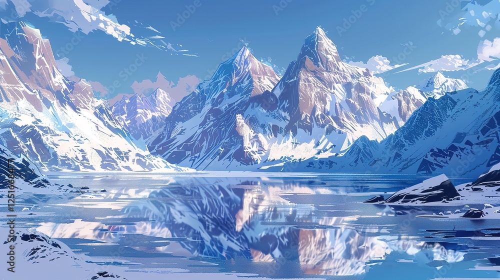 Fototapeta premium High-altitude mountain range covered in snow, with a frozen lake reflecting the peaks and the air crisp and fresh.