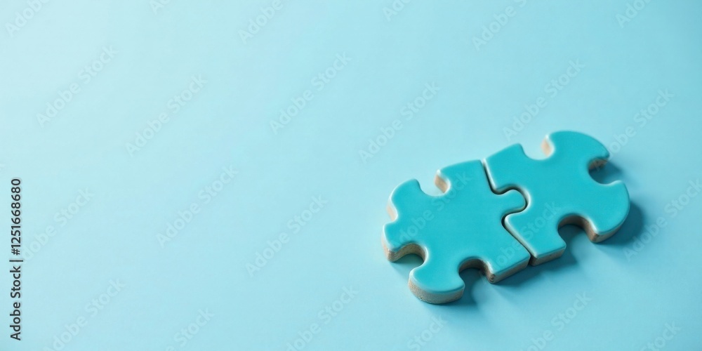 Obraz premium Two Teal Puzzle Pieces Interlocked on a Light Blue Background, Symbolizing Connection and Collaboration