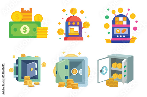 Cartoon money and coins, Dollar Stack Paper Banknotes and Gold Coins Icon, Bundle of money. Golden coins and green dollar banknotes, 3D pile of flat money cash