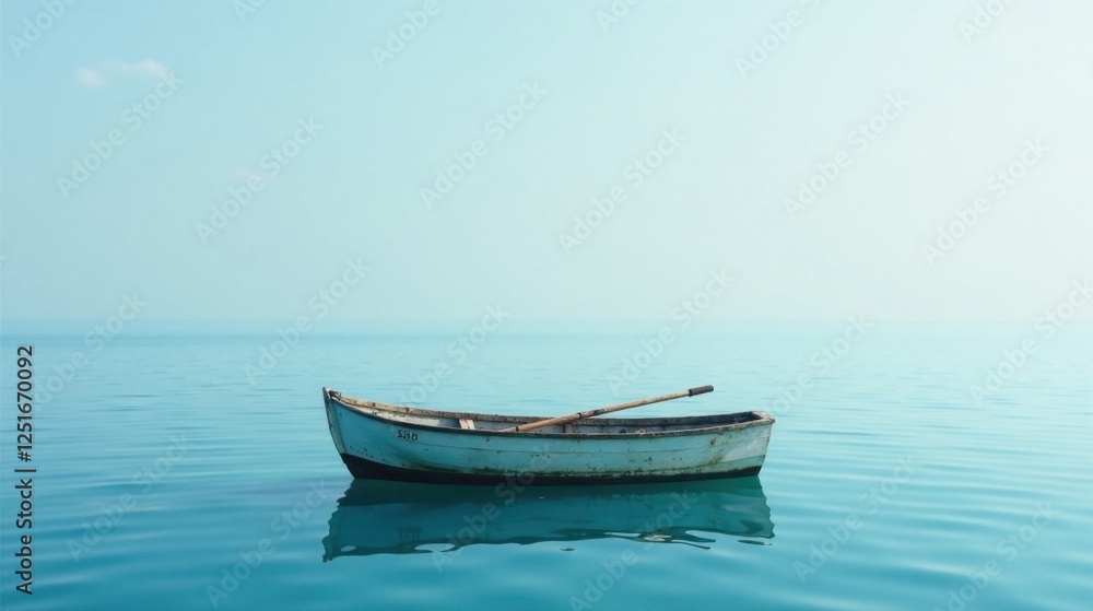 A solitary weathered rowboat floats serenely on a calm, azure expanse of water under a pale sky. A solitary weathered rowboat floats serenely on a calm, azure expanse of water under a pale sky.
