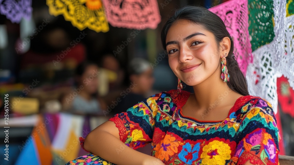 A young Mexican woman wearing a colorful embroidered huipil blouse, sitting on a bench in a lively street market with papel picado decorations A young Mexican woman wearing a colorful embroidered huipil blouse, sitting on a bench in a lively street market with papel picado decorations