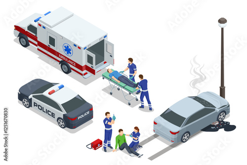 Isometric Car crash, Paramedics assist a patient on a stretcher beside an ambulance and police car. The scene is set on a road with trees, emphasizing emergency response in urban areas.