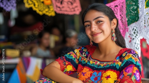 A young Mexican woman wearing a colorful embroidered huipil blouse, sitting on a bench in a lively street market with papel picado decorations photo