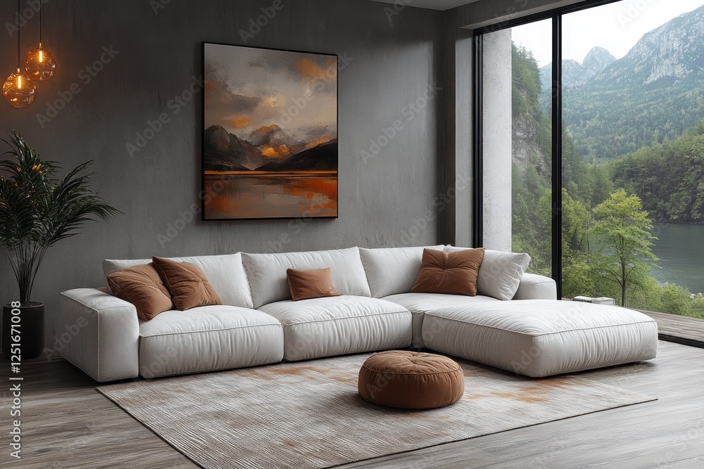 Fototapeta premium Modern Living Room Design Cozy Sofa Abstract Art Minimalist Scandinavian Style