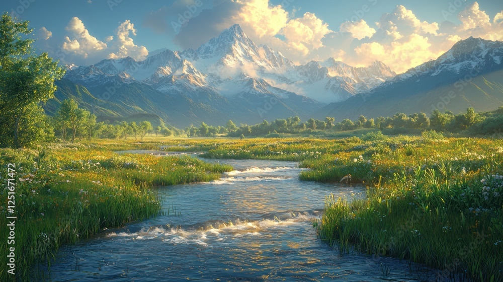 Serene mountain river valley sunset landscape Serene mountain river valley sunset landscape