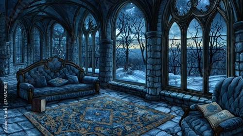 Dark gothic library room with snow-covered landscape views photo