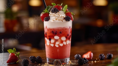 A refreshing glass of strawberry smoothie with whipped cream on top, garnished with fresh berries and mint leaves, placed on a wooden table
