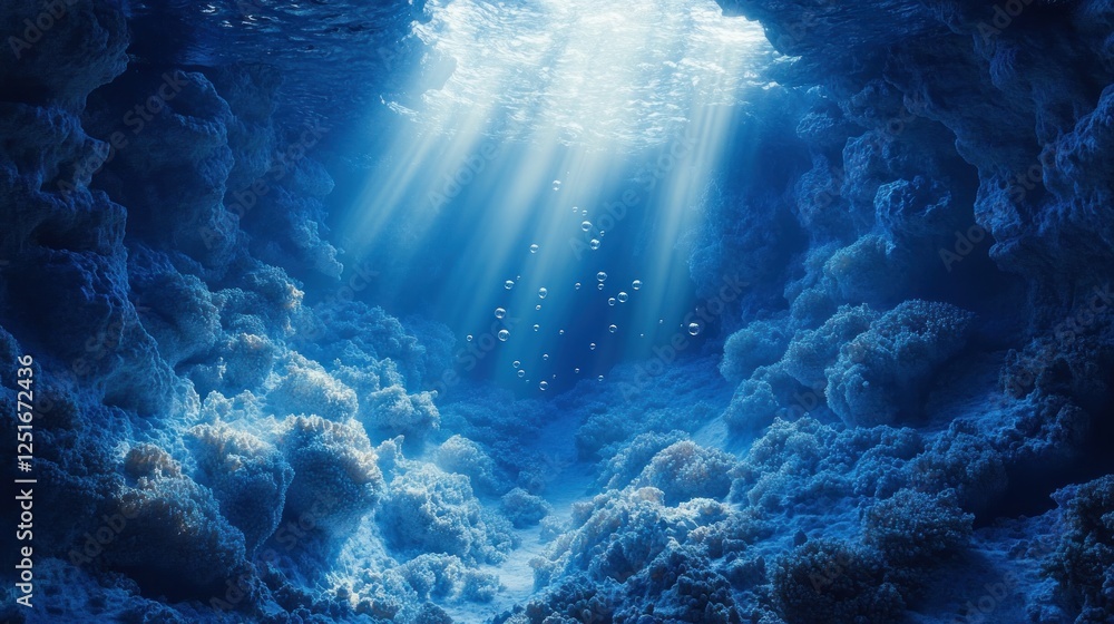 Obraz premium Underwater Scene Ethereal Bubbles Coral Deep Blue Surreal Ocean Abstract Seascape