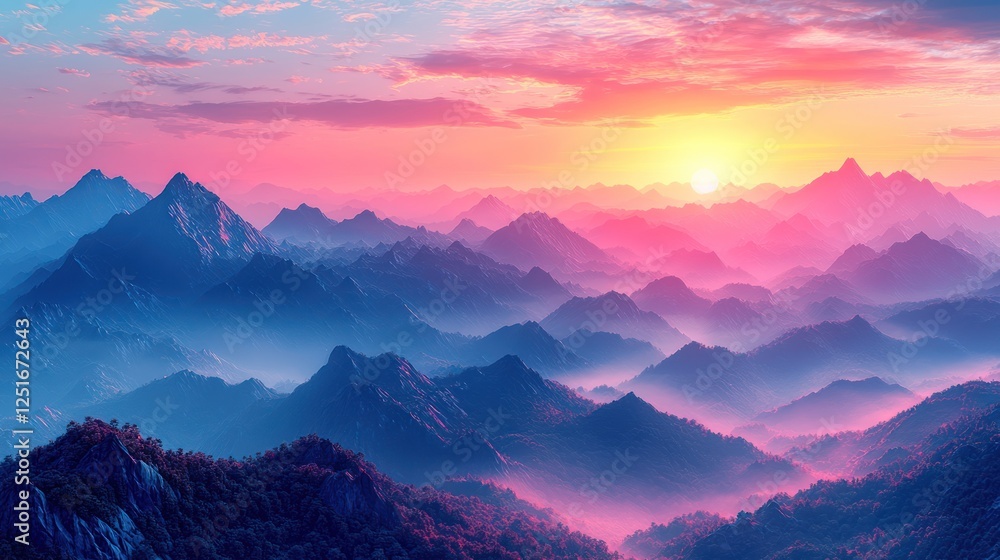 Obraz premium Pink sunrise over misty mountain range, aerial view