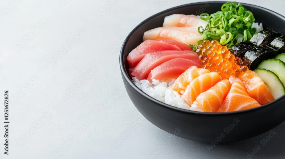 Fresh and Colorful Sushi Bowl with Various Seafood, Rice, Vegetables, and Toppings on Light Background Fresh and Colorful Sushi Bowl with Various Seafood, Rice, Vegetables, and Toppings on Light Background