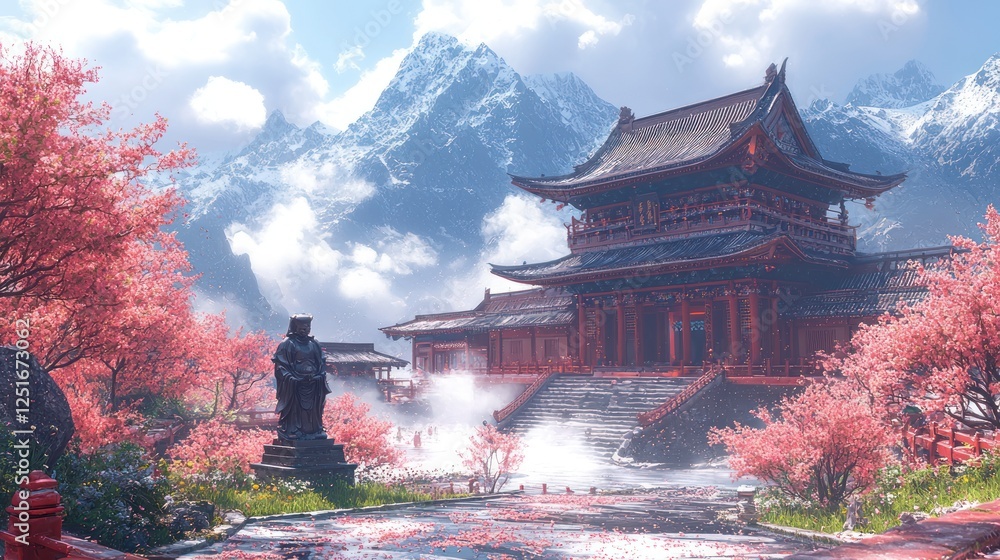 Mountain Temple Serenity Spring Blossom, Asian Architecture, Mist Mountain Temple Serenity Spring Blossom, Asian Architecture, Mist