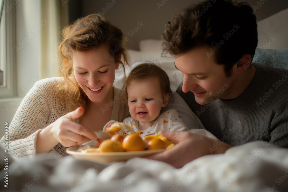 Smiling parents sharing breakfast with their baby girl in bed, enjoying a sunny morning together Smiling parents sharing breakfast with their baby girl in bed, enjoying a sunny morning together