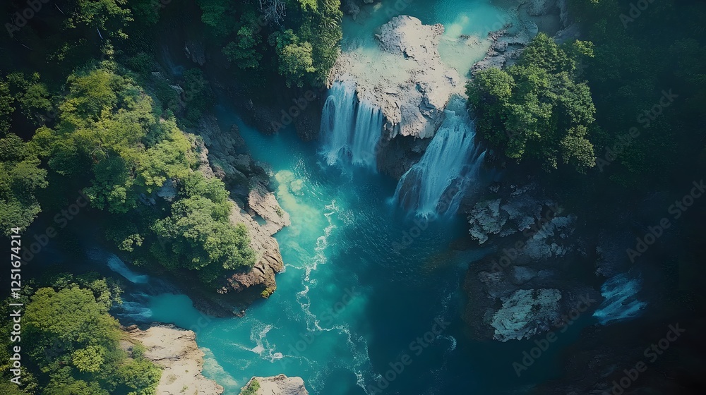 Fototapeta premium Aerial view of vibrant tropical coastline, lush green islands surrounded by crystal-clear turquoise water, perfect for travel inspiration.