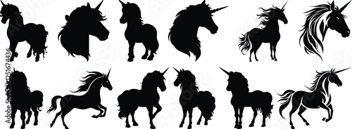 Unicorn silhouettes set, fantasy pack of vector silhouette design, isolated background