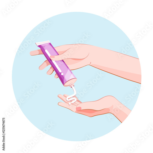 Application of cosmetic cream on the female hands skin from tube. Spa skincare wellness procedure icon for infographics, presentations, web design, poster, banner. Modern flat style. Vector colorful
