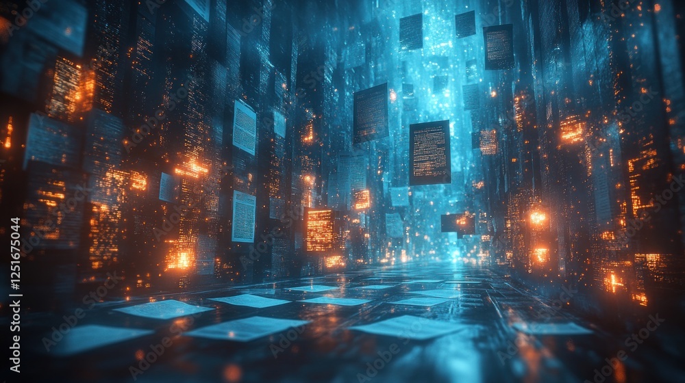 Naklejka premium AI Driven Document Analysis in a Futuristic Digital Landscape with Machine Learning and Data Extraction