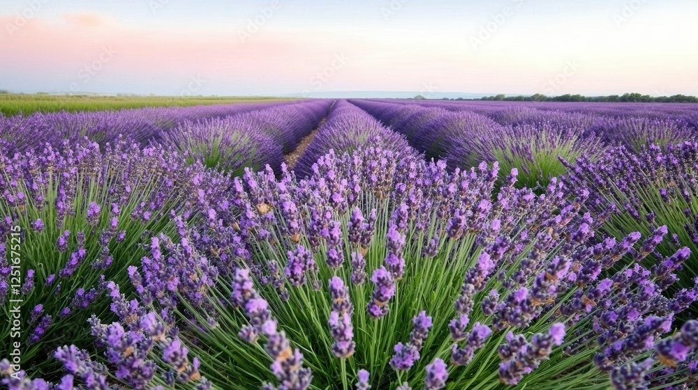 Obraz premium Lavender field blooming in provence france landscape photography serene environment wide-angle view nature's beauty captured