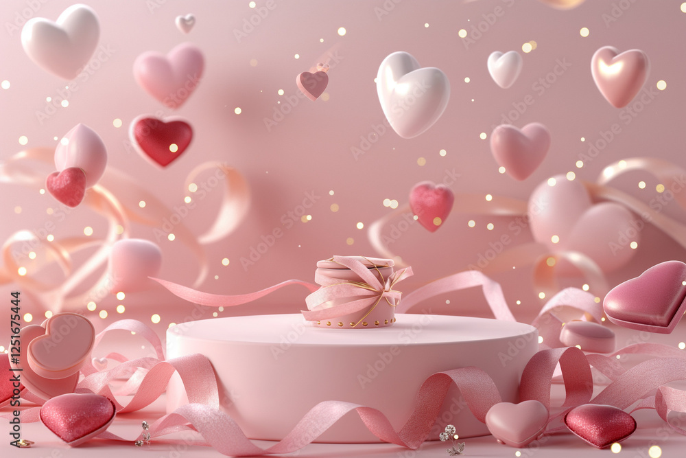 A stylish and elegant pink podium set against a soft pastel pink background, designed for product display A stylish and elegant pink podium set against a soft pastel pink background, designed for product display