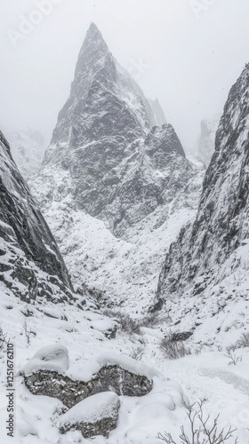 Snowy mountain valley landscape (1) photo