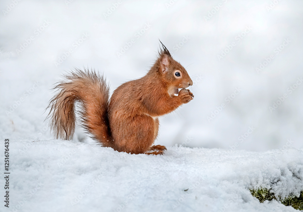 Red Squirrel standing up in the snow eating a hazelnut, close up in the winter Red Squirrel standing up in the snow eating a hazelnut, close up in the winter
