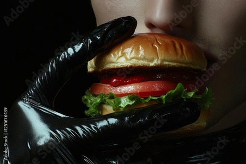 Close-up of vinyl-gloved hand bringing delicious hamburger to lips, delicious moment perfect for food lovers and culinary content photo