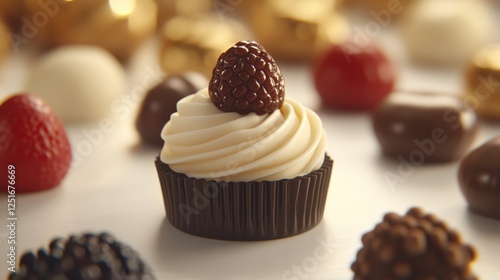 Elegant Chocolate Treats with Raspberry and Vanilla Cream Filling on a White Surface.