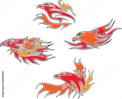 Vector flaming eagles set for vehicle graphics, stickers and t-shirt decals. Eagle fire flames designs for racing cars, off-road and hot rod vehicles, ATVs, trucks, motorcycles, bikes.