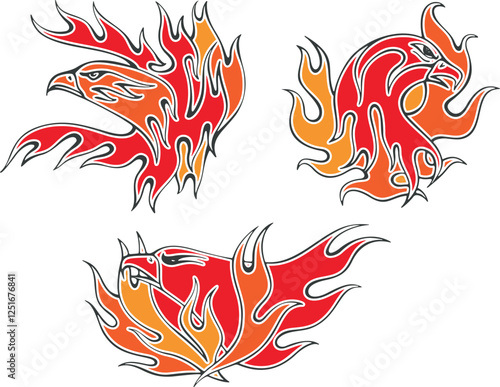 Vector flaming eagles set for vehicle graphics, stickers and t-shirt decals. Eagle fire flames designs for racing cars, off-road and hot rod vehicles, ATVs, trucks, motorcycles, bikes.