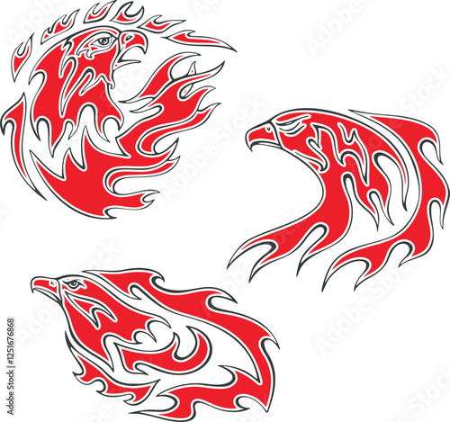 Vector flaming eagles set for vehicle graphics, stickers and t-shirt decals. Eagle fire flames designs for racing cars, off-road and hot rod vehicles, ATVs, trucks, motorcycles, bikes.