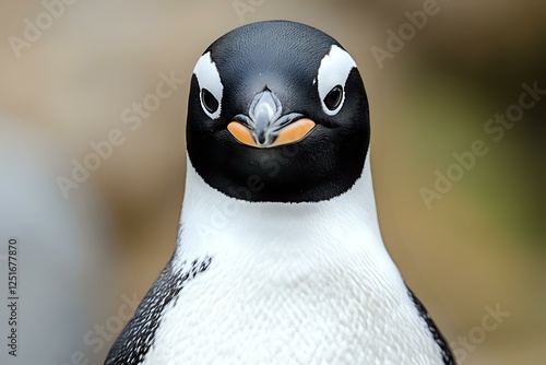 Close-up portrait of gentoo penguin head showing distinctive white eye patches and orange-black beak against blurred natural background, wildlife photography. photo