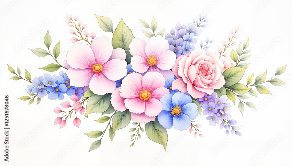 Naklejka premium Delicate watercolor bouquet of cherry blossoms and roses, floral elegance