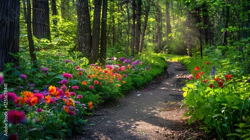 Vibrant flowers blooming along a forest path, the sun filtering through the trees and illuminating the colorful blossoms and greenery. 
