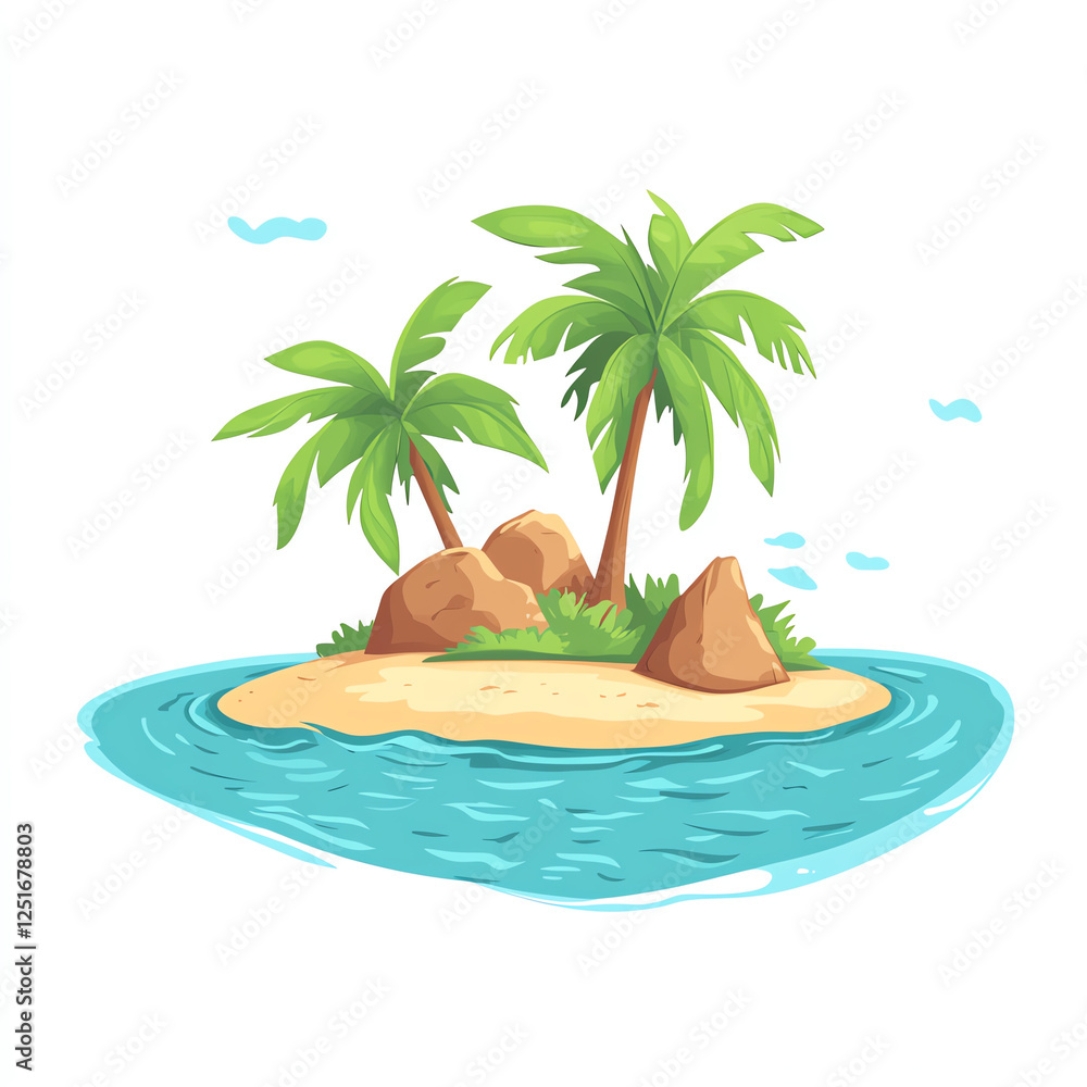 Obraz premium A picturesque tropical island featuring lush green palm trees and rocky formations surrounded by clear blue water, perfect for relaxation and escapism.