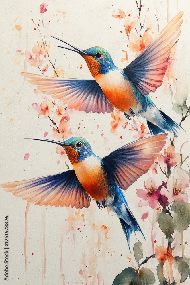 Fototapeta premium Hummingbirds in Flight Watercolor Illustration Colorful Birds Detailed Art Summer Scene