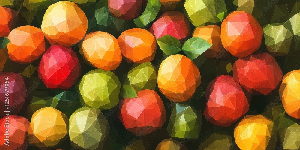 Abstract geometric rendering of various colorful fruits and green leaves Abstract geometric rendering of various colorful fruits and green leaves