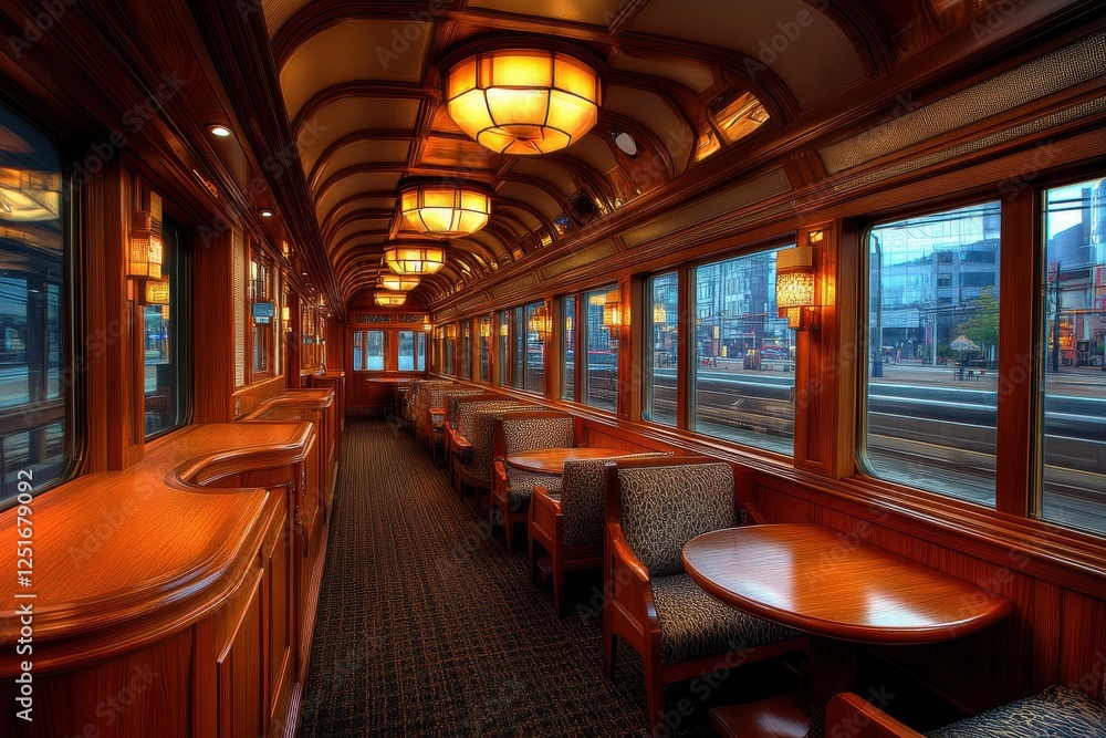 Cozy Train Cabin with Plush Seating and Wooden Paneling, Featuring Warm Ambient Lighting and Cityscape Views through Large Windows Cozy Train Cabin with Plush Seating and Wooden Paneling, Featuring Warm Ambient Lighting and Cityscape Views through Large Windows