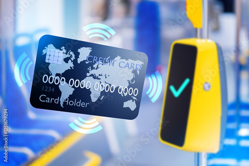 Credit card for contactless payment. Bank card near NFC validator. Contactless fare payment. Credit card with NFC chip. Wireless technologies for accepting payments. NFC validator inside blurred bus